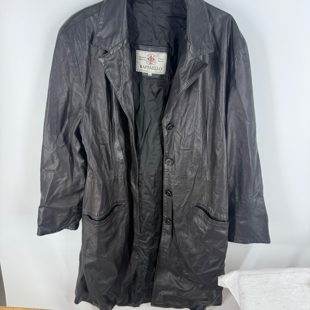 Vtg Y2K Raffaello‎ Italy Mens Black Genuine Leather Trench Coat Style Size 48